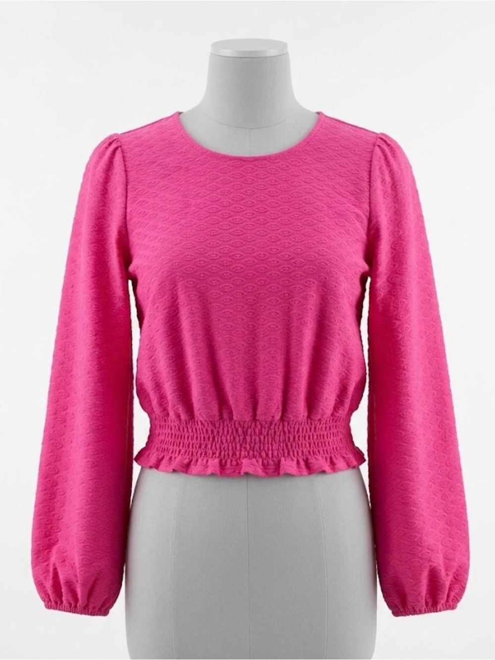 Michael Kors Hot Pink Smocked Waist Long Sleeve Crop Top